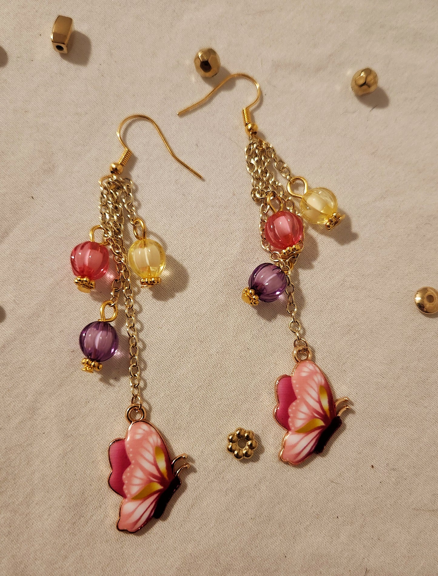 Pink, Yellow and Purple Butterfly Chain Earrings