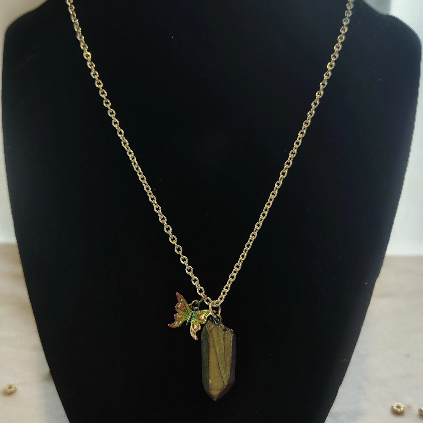 Silver Iridescent Crystal and Butterfly Necklace