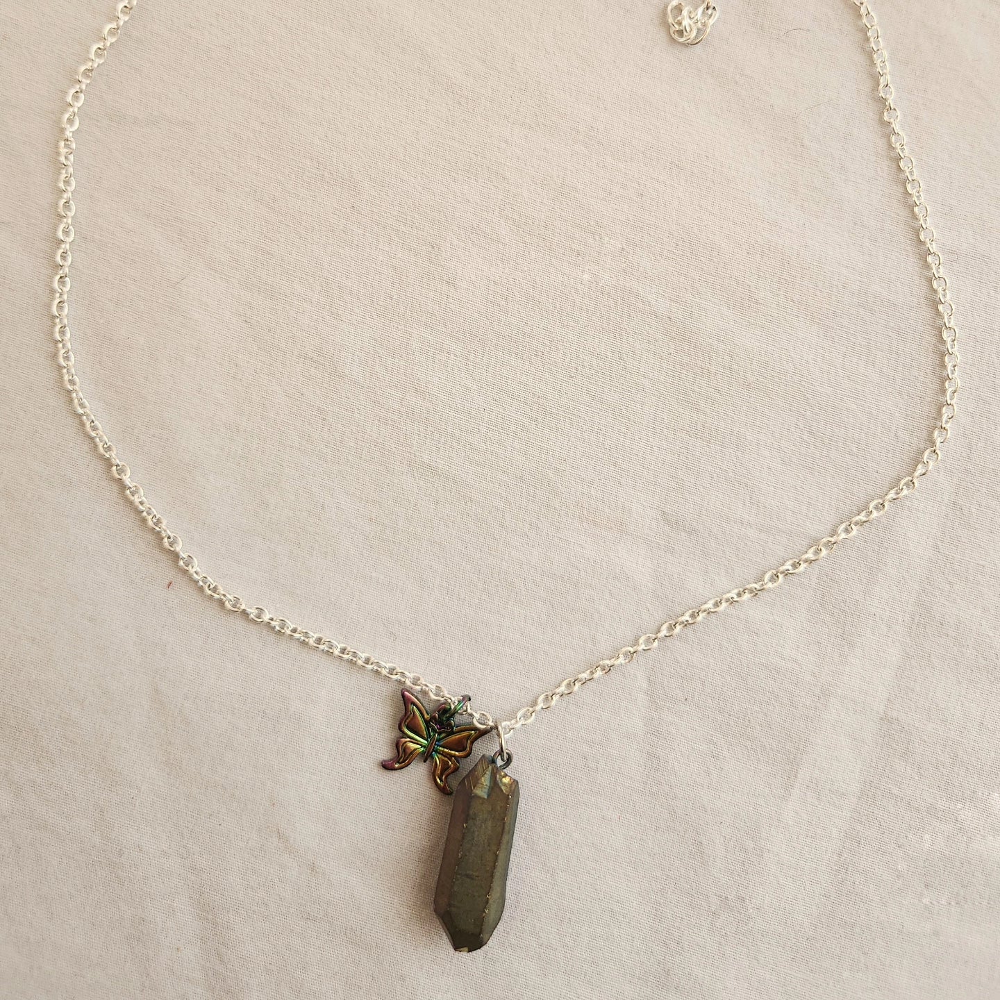 Silver Iridescent Crystal and Butterfly Necklace