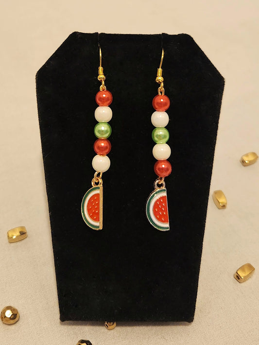 Red, White, and Green Beaded Watermelon Wedge Earrings